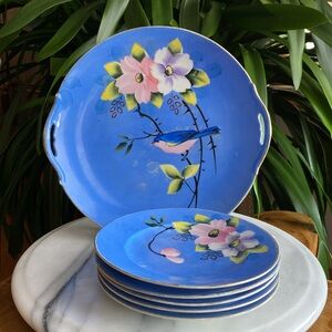 Vintage Hand Painted Bird + Floral Serving Cake Plate and 5 Dessert Plates Set